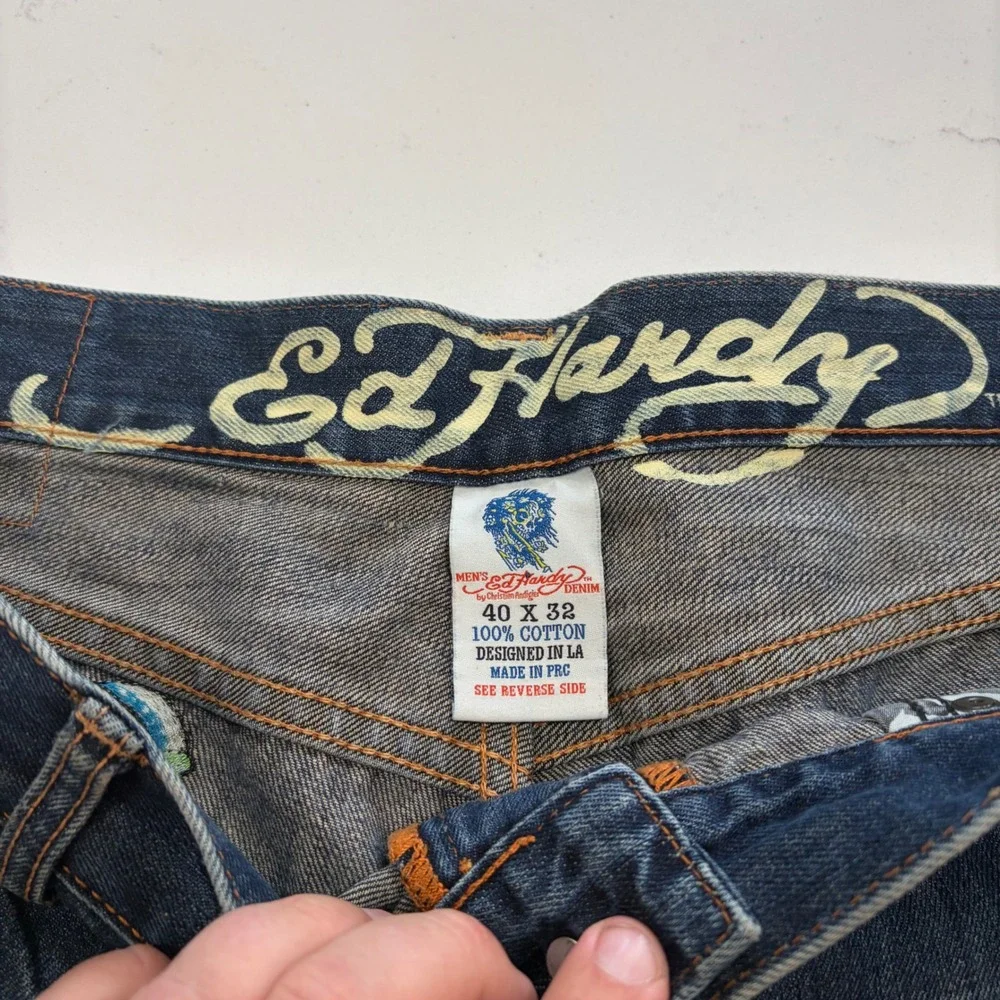 Ed Hardy Lot 2008 Mens Dragon Embroidered Jeans Blue Denim Size 40x32 Y2K